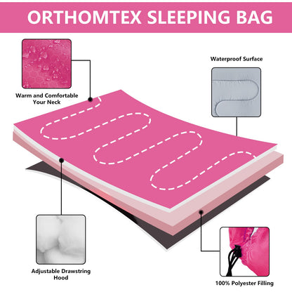 ORTHOMTEX Sleeping Bags for Adults,Teens and Kids Girls-Warm & Cold Weather Lightweight,Waterproof Backpack,Great for 3-4 Seasons Hiking,Camping and Outdoor Mountaineering(Pink/Right Zip)
