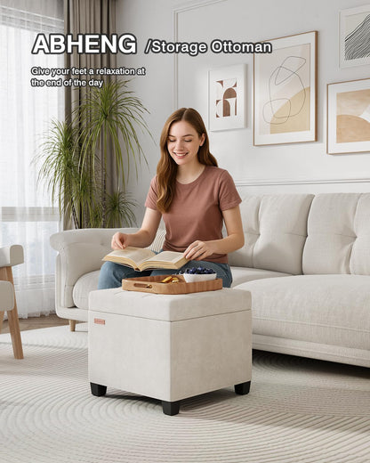 ABHENG Velvet Cover Steel Frame Ottoman with 48L Storage,17.7" x 17.7" x 17.7" Square Linen Storage Ottoman Stool Cube with Legs,for Dorm Livingroom White UASND64W