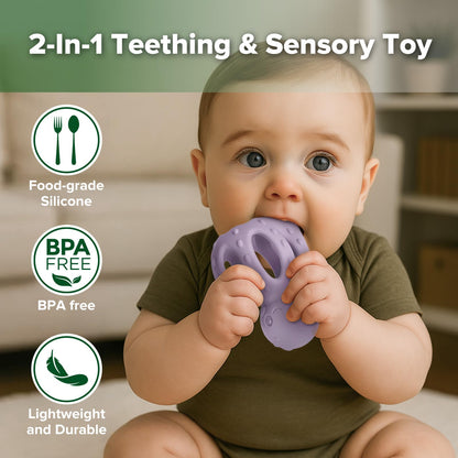 haakaa Octopus Rattle Teether,2-in-1 Baby Teething Toy with Gentle Rattle,Soft Textured Teether for Sore Gums,Easy to Grasp Sensory Toy for Babies 3M+,Lavender