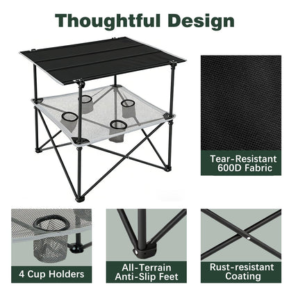 SUNNYFEEL Folding Camping Table- Collapsible Portable Beach Table with 4 Cup Holders & Carry Bags, Tailgate Table for Outdoor Excursion Picnic Hiking Fishing Travel Parties, Black