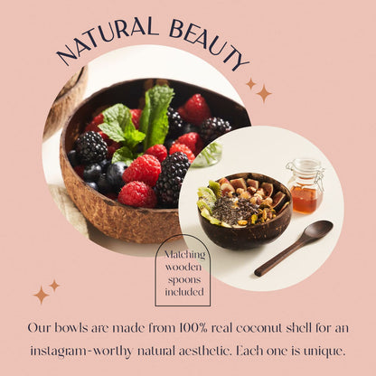 COCOBOWLCO Coconut Bowl Set with Wooden Spoons – Handcrafted Eco-Friendly Acai Bowls, Yogurt Bowls & Smoothie Bowls – Ideal for Ninja Creami, Cereal & Snacks (4, Polished)