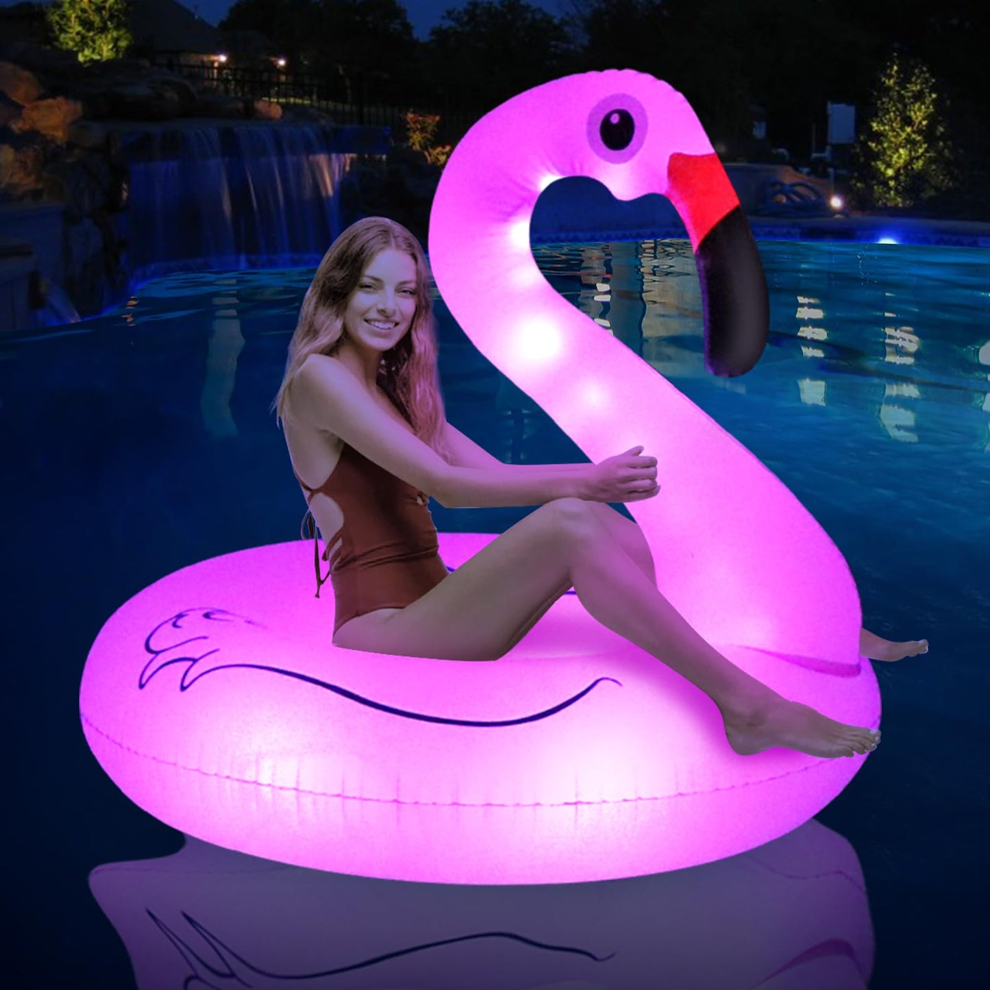 FlyfreeU Flamingo Inflatable Pool Floats with Lights, Solar Flamingo Pool Floats for Adults, 42 Inch Pool Float Lake Beach Floaty, Swimming Pool Float Raft Lounge for Adults Party Water Fun