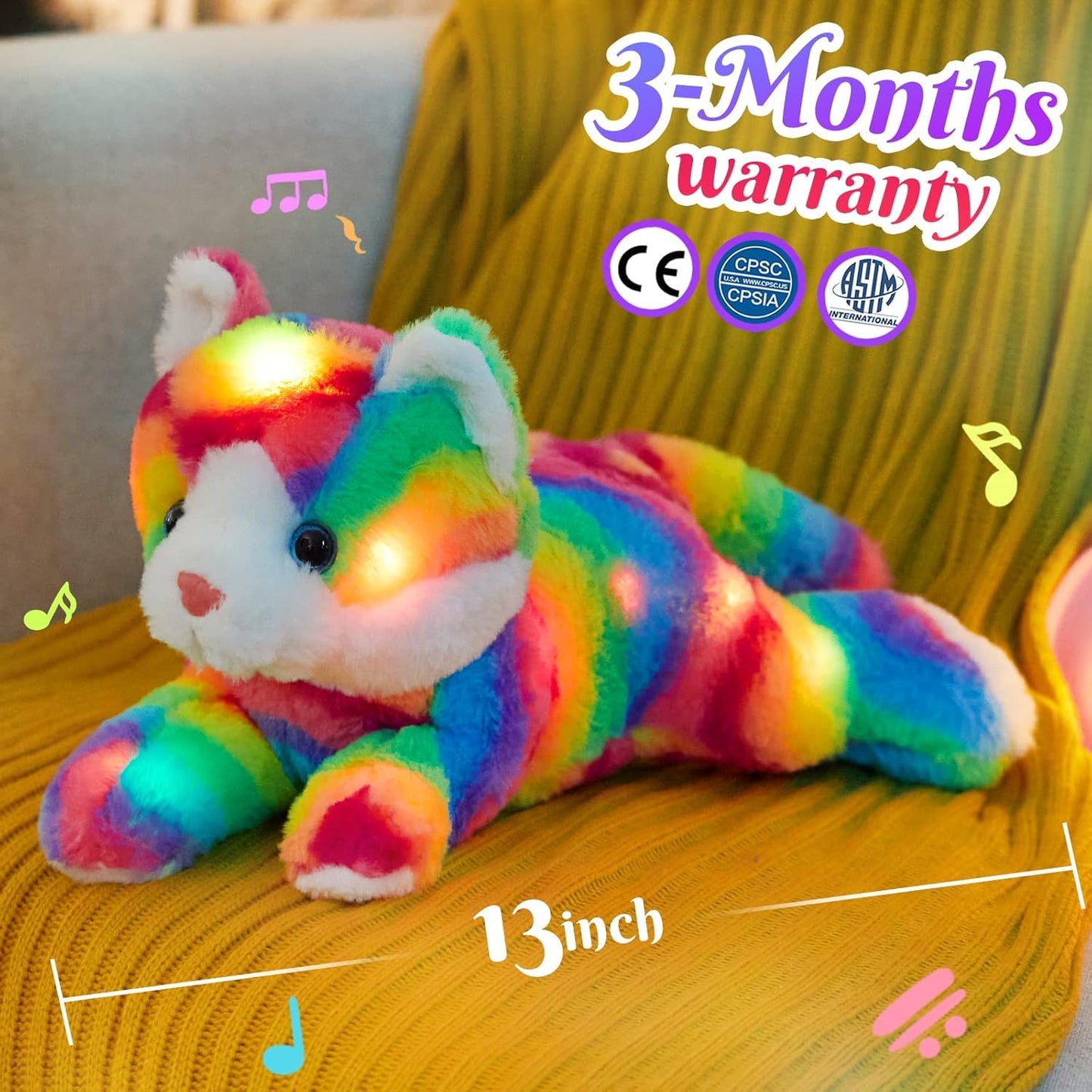 Glow Guards Light up Rainbow Cat Stuffed Animal Soft Kitty Plush Toy with LED Night Light Christmas Children's Day Birthday Gifts for Toddlers Kids Boys and Girls Children, 13''