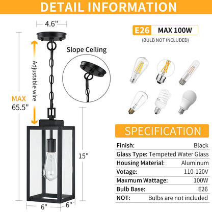 15'' Outdoor Pendant Light, Modern Outside Chandelier Outdoor Hanging Lantern Light, Matte Black with Clear Glass, Exterior Pendant Lighting Fixture Ceiling Mount for Porch, Entryway, Gazebo, 1Pack