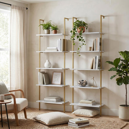 aboxoo Ladder Shelf 2PCS White Marble Bookshelf 5-Tier Wall-Mounted Wood Rack Open Industrial Modern Plant Flower Stand Utility Organizer Bookcase Metal Frame Furniture Office Kitchen Bedroom