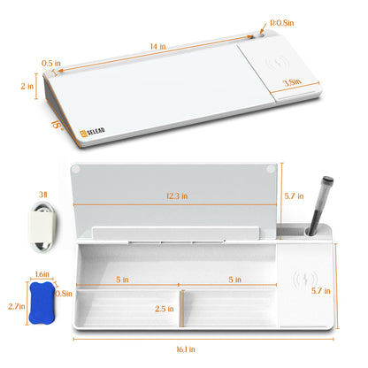SELEAD Desktop Glass Whiteboard with Wireless Charger Station, Dry Erase Board Computer Pad Keyboard Stand with Organizer Drawer for Home, School, Office Desk Accessories, White