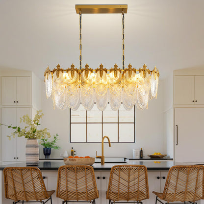 KELUOLY Rectangular Crystal Glass Dining Room Chandelier, 8 Light Gold Chandeliers Lighting Fixture, L33.5'' Height Adjustable Oval Ceiling Pendant Light for Office Coffee Over Table Kitchen Island