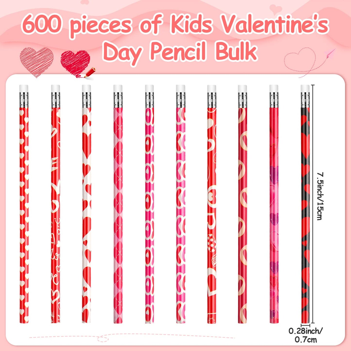 Yexiya 600 Pieces Red Heart Pencils Novelty Heart Cupid Rose Love Printed Pencils Assorted for Teachers Nurses Students Gifts School Mother's Day Party Supplies