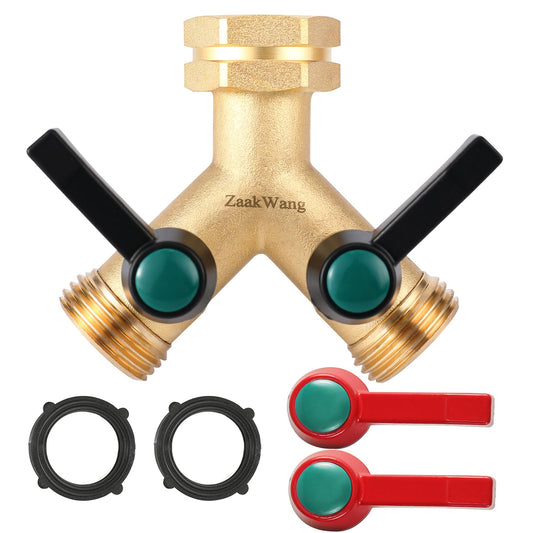 Heavy Duty Solid Brass Y-Way Distributor, 3/4" GHT Thickened Hexagonal Water Inlet, Garden Faucet Splitter, Hose Splitter with 2 More Colors Comfortable Extension Handles.
