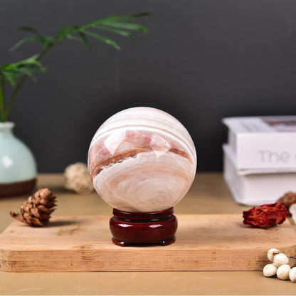 JIC Gem Natural Pink Agate Crystal Sphere with Wooden Stand,Decorative Crystal Ball Pink Gemstone Sphere for Meditation,Feng Shui,Witch-Style Decor,Table 70-80mm