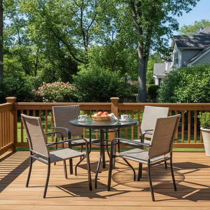 Tangkula 32" Round Outdoor Table with Tempered Glass Top, Patio Dining Table with Umbrella Hole & Metal Frame, Outside Bistro Table for Backyard, Lawn, Deck & Poolside