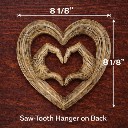 Top Brass Heart Hands Wall Decor – Romantic Resin Heart Sculpture, 8 1/8" x 8 1/8” – Symbolic Love Wall Art with Sawtooth Hanger – Wood Grain, Matte Black, Rustic Bronze, Antique Silver Finish (Wood Grain)