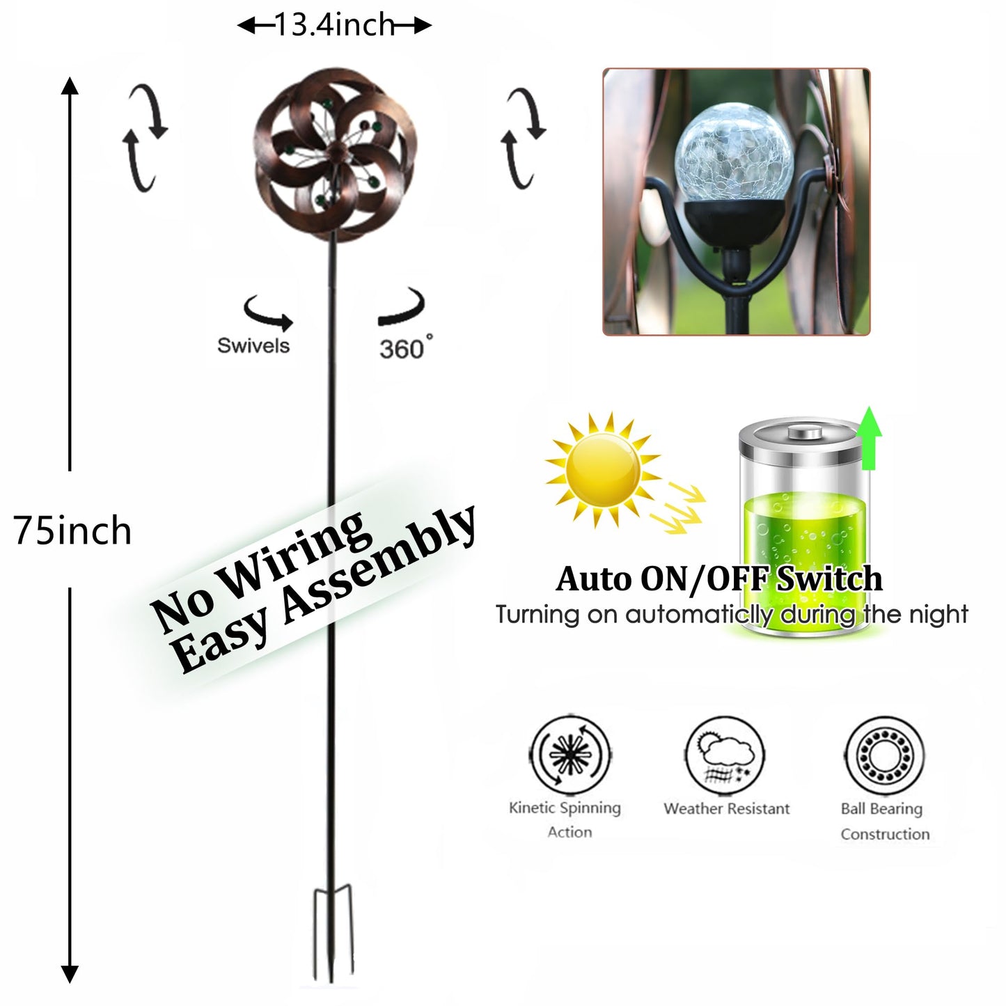 HDNICEZM Solar Wind Spinner Improved 360 Degrees Swivel Multi-Color LED Lighting Glass Ball with Kinetic Wind Spinner Vertical Metal Sculpture Stake Construction for Outdoor Yard Lawn & Garden.