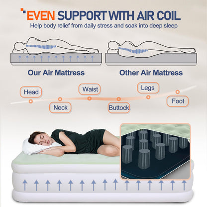 Outraveler Queen Size Air Mattress with Built in Pump, Inflatable Bed Blow Up Mattress 18in, Green White
