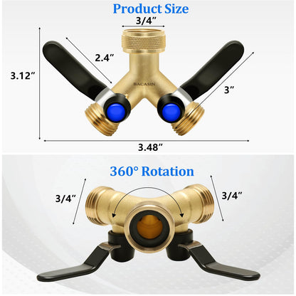 Brass Hose Splitter 2 Way Heavy Duty, Garden Hose Splitter with 304 Stainless Steel Long Handle, Brass water hose splitter 2 Way Y Valve 3/4" GHT Thread