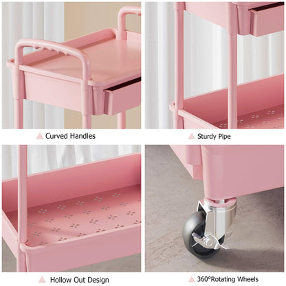 LLMRR 3 Tier Rolling Utility Cart with Drawer, Plastic Storage Organizer Rolling Carts with Wheels Handles Hanging Cups Hooks for Office, Bathroom, Kitchen,Craft Art Room (Pink)