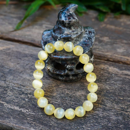 Natural Selenite Crystal Bracelet 10mm | Yellow Plated | Authentic Stone with Leather Pouch, Gift Box & Repair Kit | Fits 7-7.5 inch Wrist