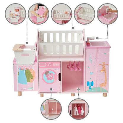 Olivia's Little World 6-in-1 Wooden Baby Doll Nursery Set – Crib, High Chair, Changing Table, Doll Furniture for 16” Dolls – Baby Doll Accessories Playset for Girls Ages 3+, Pink