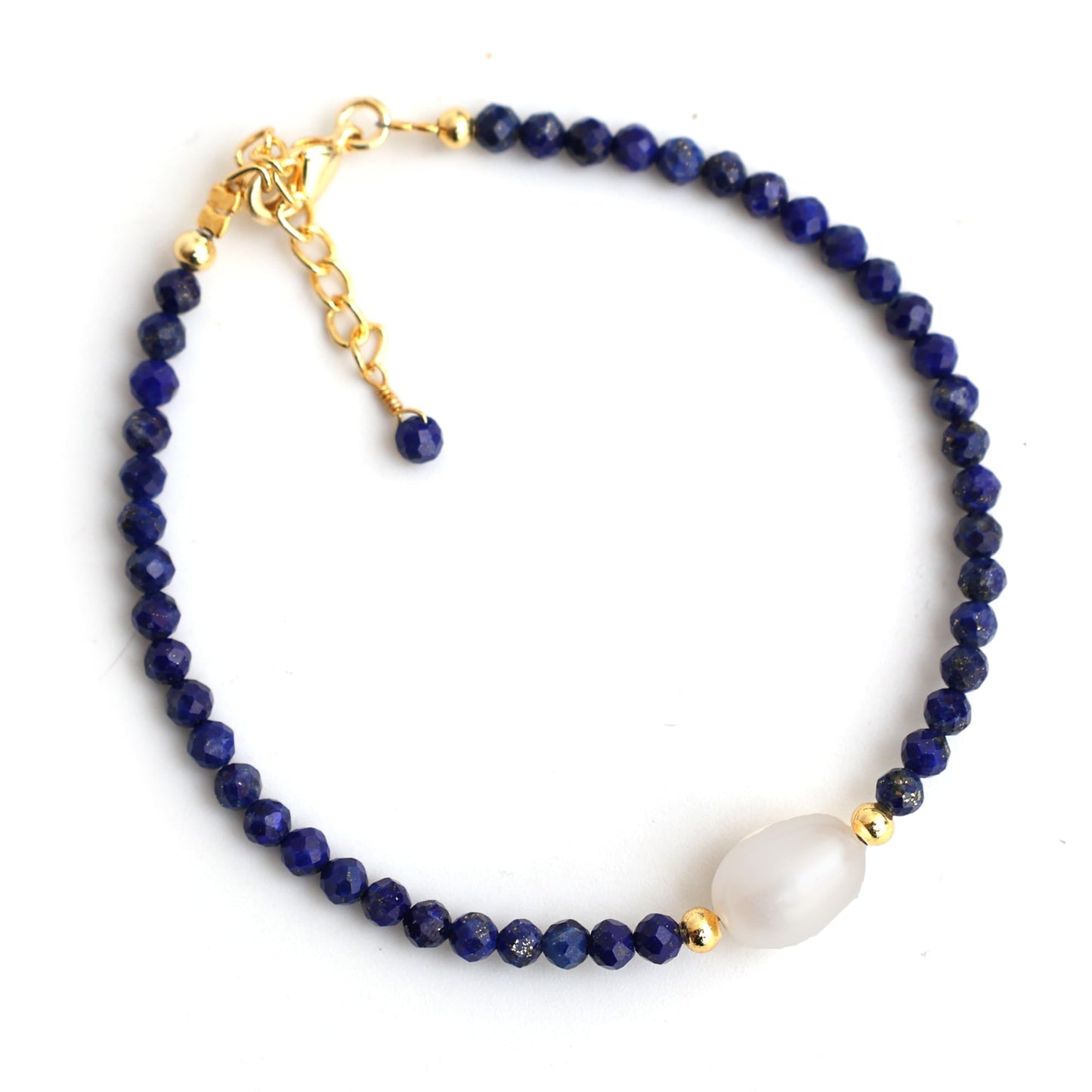 Gempires Blue Lapis Lazuli Beaded Bracelet with Freshwater Pearl Handmade Jewelry September Birthstone Gifts Hypoallergenic 7.5 Inch Gold Plated Everyday Wear Gemstone Bracelets