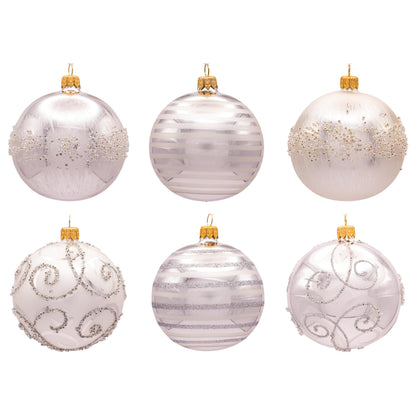 Luxury Handcrafted European Glass Christmas Ball Ornaments - Set of 6 - Silver & White - Satin & Shine - 8 cm - Mouth-Blown & Hand-Painted