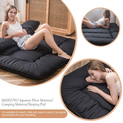 MAXYOYO Japanese Floor Mattress Futon Mattress, 4" Thicken Tatami Mat Sleeping Pad Foldable Roll Up Mat Boys Girls Dormitory Pad Kids Floor Lounger, Black, Full