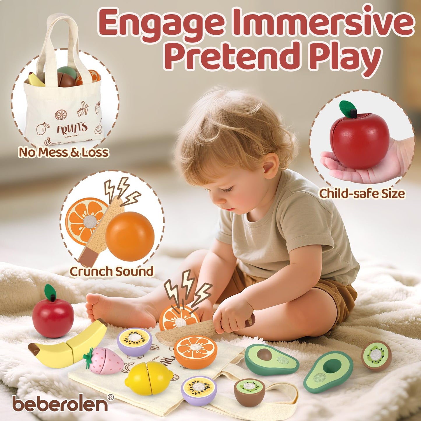 Play Food Sets for Kids Kitchen Wooden Food Toys for 3 Year Old Girl Boy Toddler Cutting Pretend Play Set Learning Toys Birthday Gift 1 2 3 Year Old Fruits