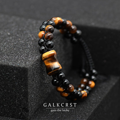 GALKCRST Tiger Eye Black Obsidian Bracelet for Men, Double Layer Natural Stone Beads Bracelet with Bone-Shaped Tiger Eye Focal Bead, Adjustable Braided Cord Triple Healing Crystal Bracelet, Men's Jewelry Gift