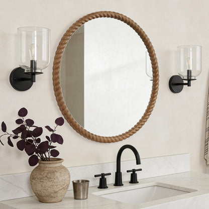 WallBeyond 30" Round Mirror with Rope-Design Frame, Large Circle Wall Mirror for Bathroom, Bedroom, Entryway & Living Room, Natural