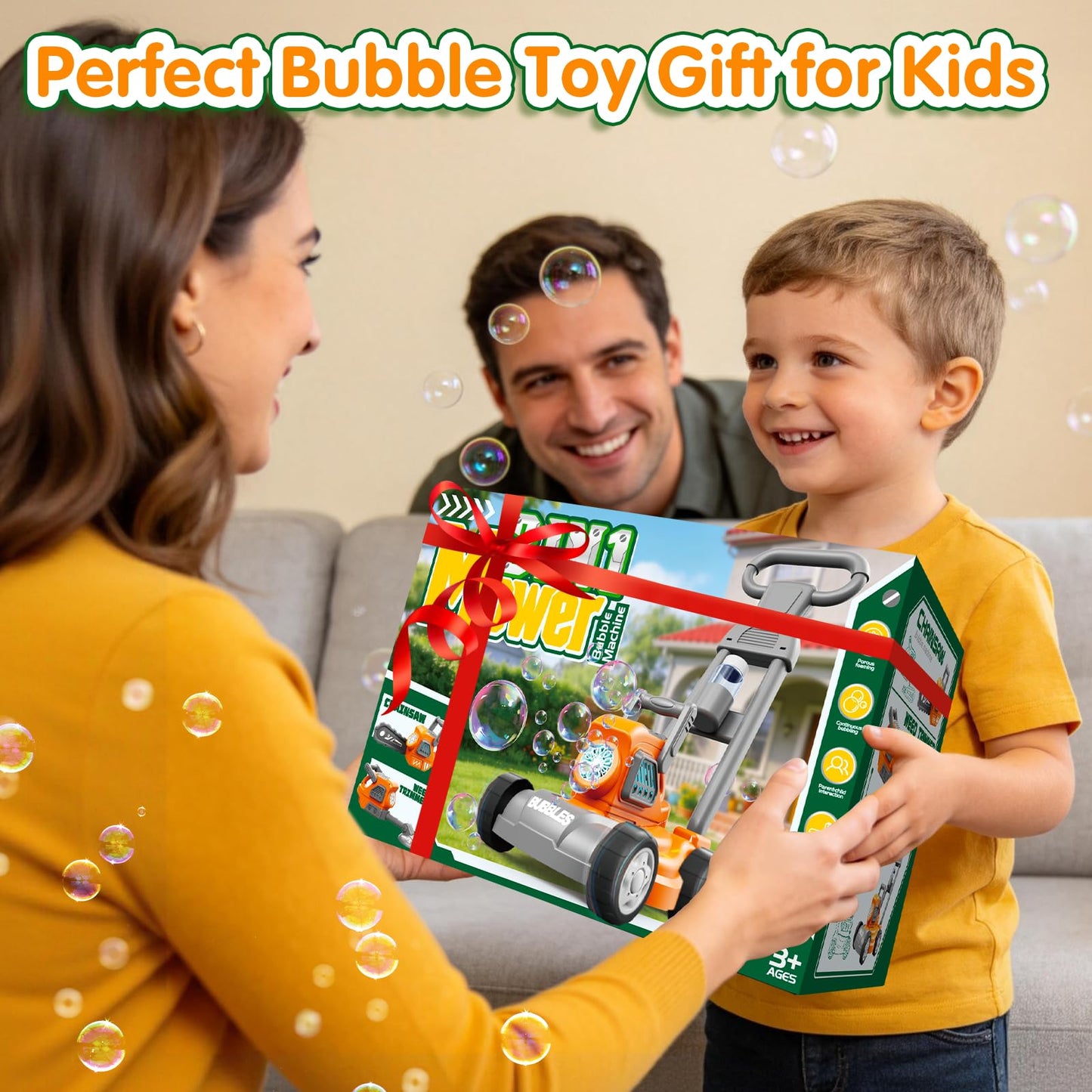 Bubble Lawn Mower for Kids, 3-in-1 Bubble Machine Blower with 10 Bubble Solution, Outdoor Push Toys for Toddlers Ages 3-8, Birthday Easter Summer Gift for Boys Girls 3 4 5 6 7 8 Year Old