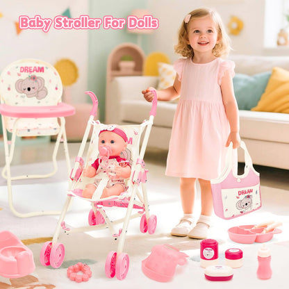 deAO Baby Doll Stroller Toys with 12" Baby Doll Accessories Crib Bed High Chair Nursery Role Play Set Play Mat,Travel Cot,Bouncer,Foldable Stroller,Travel Bag, Birthday Gifts for Toddlers Girls Boys