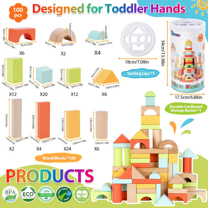 FCSONU Wooden Building Blocks for Toddlers 1-3, 100 Pcs Wood Blocks Set - Sorting & Stacking Toys with Storage and Lid, Kid Montessori Toys Ages 2+, Christmas 1st Birthday Gifts for Boys Girls Baby