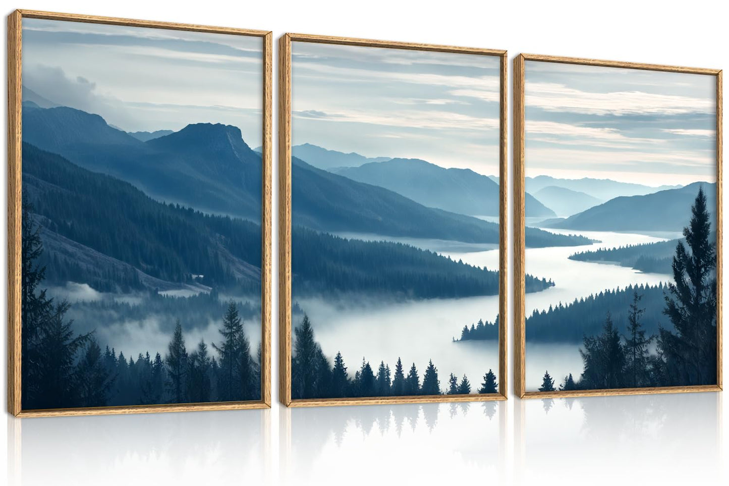 Aurlan Large Pine Tree Mountain River Framed Canvas Wall Art Set,Misty Blue Grey Forest Landscape Wall Decor,Modern Foggy Woodland Lake Artwork for Living Room,Bedroom,office-24 x36 x3