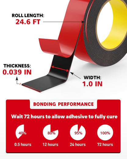 HitLights Double Sided Tape Heavy Duty, 1 in x 24.6 ft, Adhesive Mounting Tape Waterproof, Strong Double Stick Foam Tape for Walls Poster Automotive Outdoor Home (Pack of 1)