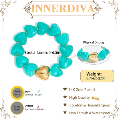 INNERDIVA Chunky Heart Beaded Bracelets for Women Trendy Statement Big Large Turquoise Resin Bubble Bead Stretch Bracelet Summer Beach Beachy Boho Hand Gemstone Womens Jewelry Charm Cute Gifts Stuff