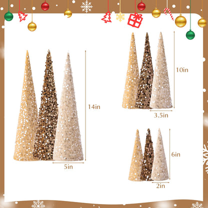 Bunny Chorus Christmas Table Décor: 9pcs Neutral Cone Christmas Trees with Earth Tones Glitter Sequins Surface, Modern Christmas Decorations for Xmas New Year Soft Cozy Winter Holiday Home Décor