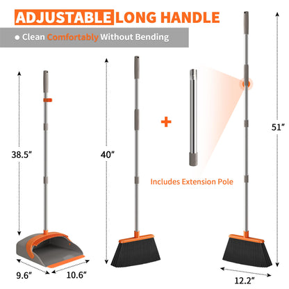 Upgraded Broom and Dustpan Set, 52" Long Handle Standing Combo with Self-Cleaning Teeth – Perfect for Pet Hair, Kitchen, Office, Home, Indoor & Outdoor Cleaning(Orange & Gray)