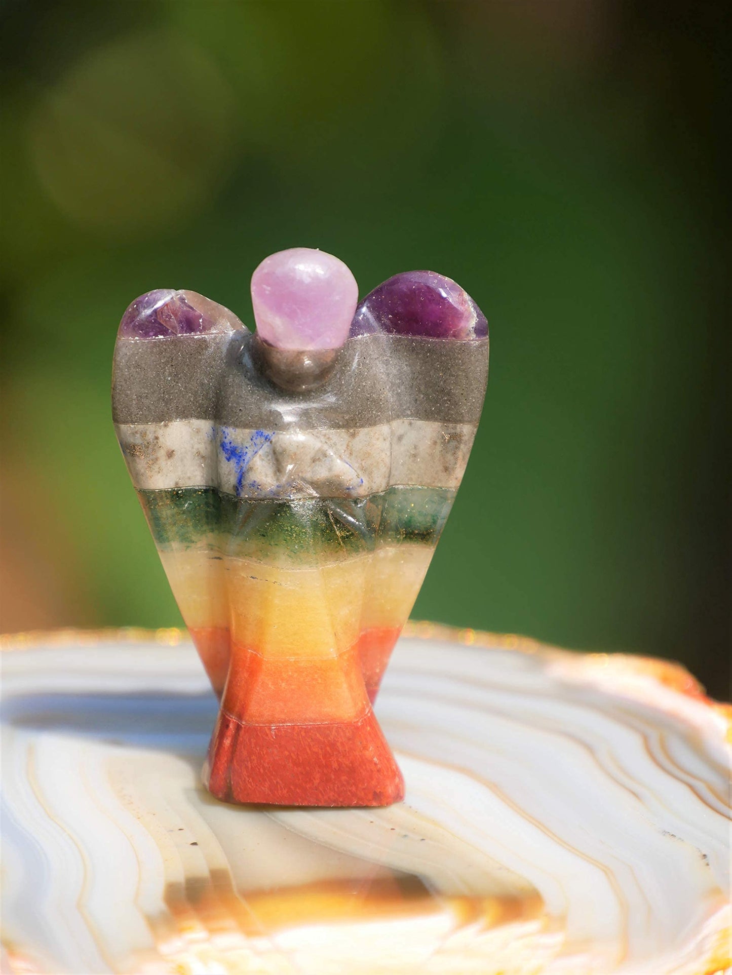 Crocon Seven Chakra Gemstone Pocket Angel Healing Figurine, Hand Carved Guardian Angel Crystals for Positive Energy, Handmade Mini Statue for Love, Peace & Healing, Natural Gemstone Healing Figurine