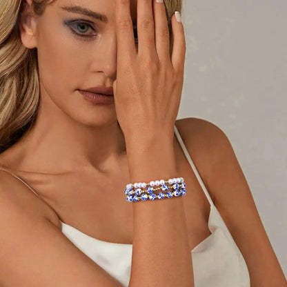 Dainty Pearl Beads Bracelet for Women Blue And White Vintage Ceramics Flower Bracelet Handmade Stretch Cute Beaded Romantic stackable Jewelry Gifts