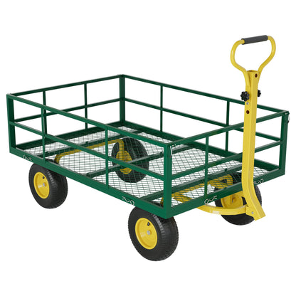 3-in-1 Heavy-Duty Steel Garden Cart, 1200 Lbs Garden Wagon, with 13 Inch All-Terrain Tires and Removable Mesh Side Panels, 180° Rotating Handle, Metal Utility Yard Trailer, Outdoor Gardens Wagon Cart