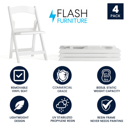 Flash Furniture Hercules Series Folding Chair - White Resin - Set of 4 800LB Weight Capacity Comfortable Event Chair - Light Weight Folding Chair