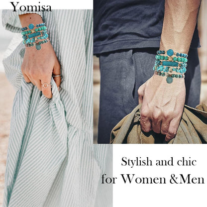 Yomisa 5PCS Natural Boho Beaded Bracelets for Women Men,Healing Turquoise Jasper Agate Crystal Gemstone Stone Diamond Chakra Multilayer Wrap Bohemian Handmade Jewelry Beads Stretch Bracelet Set