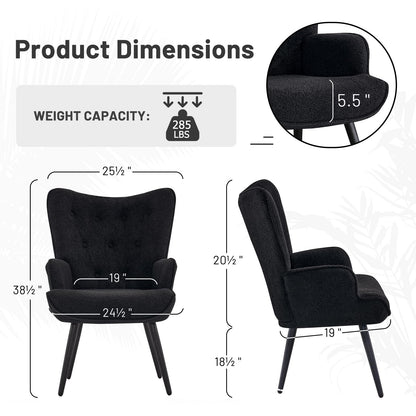 Furniliving Boucle Accent Chair for Living Room, Upholstered Reading Chair with High Backrest, Tufted-Button Wingback Armchair for Bedroom, Dressing Room, Home Office, Black