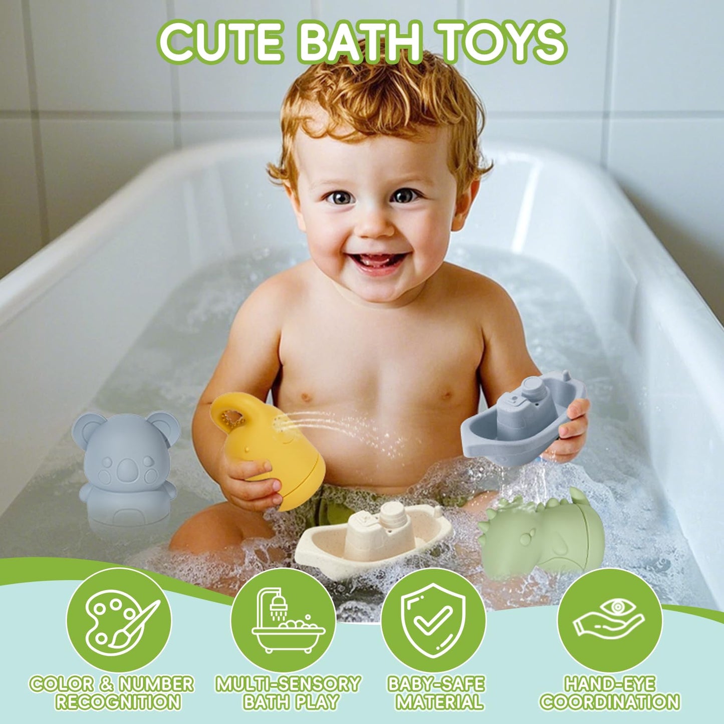 Baby Bath Toys 9PCS Mold Free Bath Toys for Babies 6-12 Months Bathtub Water Toys with Easy Clean Silicone Bath Toy for Kids Ages 1-3 Safe Bath Boats, Baby Shower Birthday Gifts for Babies & Infant