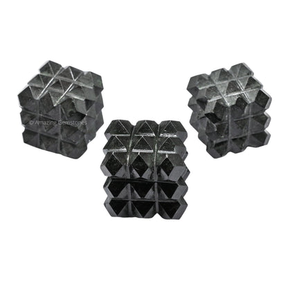 Amazing Gemstone Black Tourmaline Crystal Cube with 54 Pyramid - 1" Mini Lemurian Pyramid Cube Figurine of Natural Stone Pyramid for Meditation, Reiki, Chakra Balancing Vastu Pooja and Crystal Grids