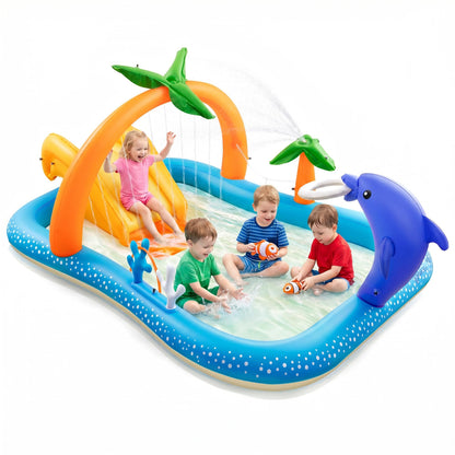 Andola Inflatable Play Center, Kiddie Pool with Slide & Sprinkler – 95"x75"x40" Outdoor Blow-Up Splash Pad Pools for Toddlers Ages 2+, Backyard Kids Water Slide for Summer Fun