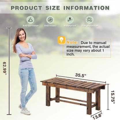 LSPYYDS Outdoor Garden Bench, 2-Person Wood Patio Bench Weatherproof Backless Bench, Anti-Corrosion and Anti-Rust for Garden Lawn Porch Park Backyard (Carbonized, 35.5''/90cm)