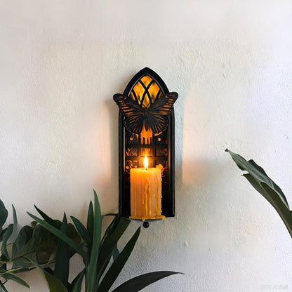 AimtoHome Gothic Wall Candle Sconces Set of 2, Butterfly and Moon Iron Wall Mounted Candelabra Holder with Removable Trays for Taper & Pillar Candles, Romantic Garden & Boho Home Decor