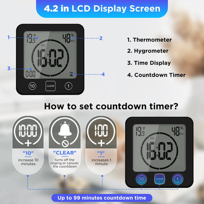 SS SUNSBELL Digital Bathroom Shower Wall Clock Timer, Shower Clock Waterproof with Big LCD Display, Touch Screen Timer with Suction, Large Countdown Visual Hanging Wall Clock (Black)
