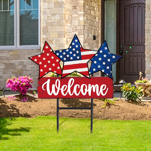 JarThenaAMCS Patriotic Metal Garden Stakes Vintage 4th of July Star Decorative Lawn Sign Welcome Yard Sign for 250th Anniversary Independence Day Home Outside Lawn Porch Decor