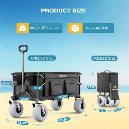 VARRONOBE Beach Wagon with Big Balloon Wheels for Sand, 240L Collapsible Wagon, 9x4 Wide Wheels, 450lbs Heavy Duty Beach Cart with Side Covers & Zipper Pockets, 600D Oxford Fabric, Black